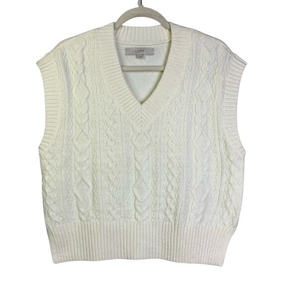 LOFT Sweater Vest Cable Knit Oversized V-Neck Whisper White Preppy Academia - Picture 4 of 14